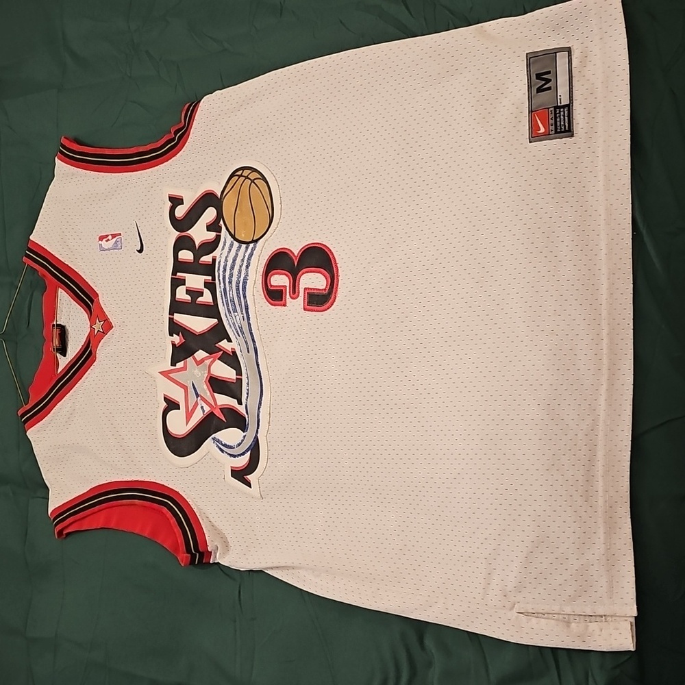 Vintage 2001 Allen Iverson Nike White Sixers Jersey Black and Red Details Mint